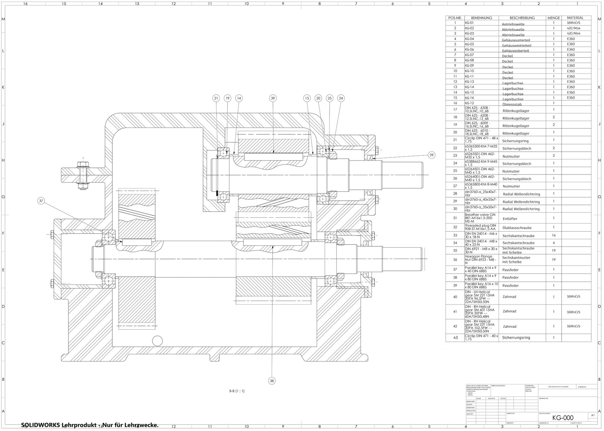 Calender gearbox section with bill of materials