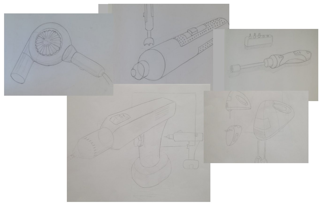Perspective studies: hair dryer, tools, cordless drill and hand mixer