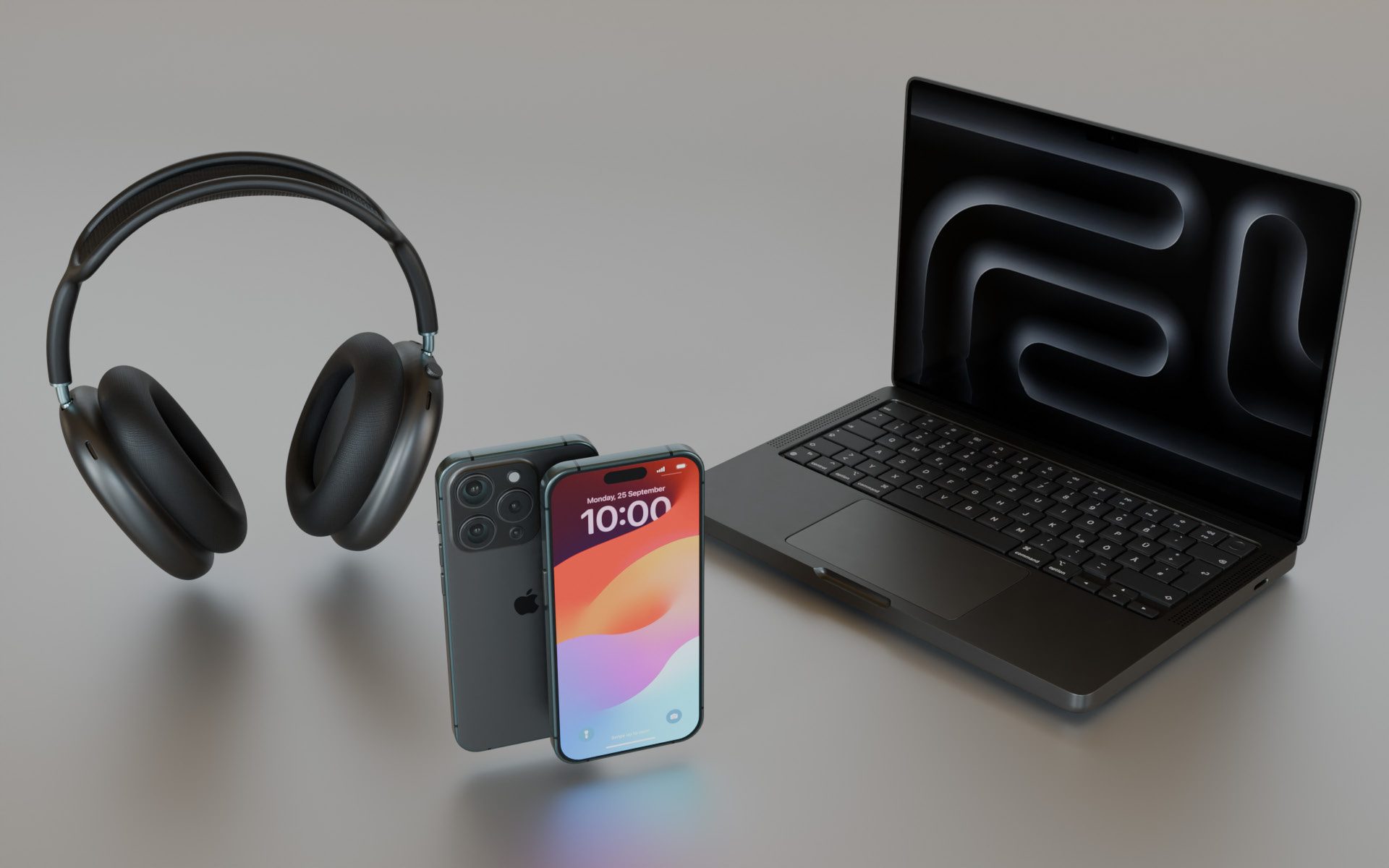 AirPods Max, iPhone and MacBook Pro rendering